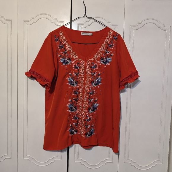 Vivid orange embroidered shirt white & blue flowers boho bright short sleeve top - Picture 3 of 8